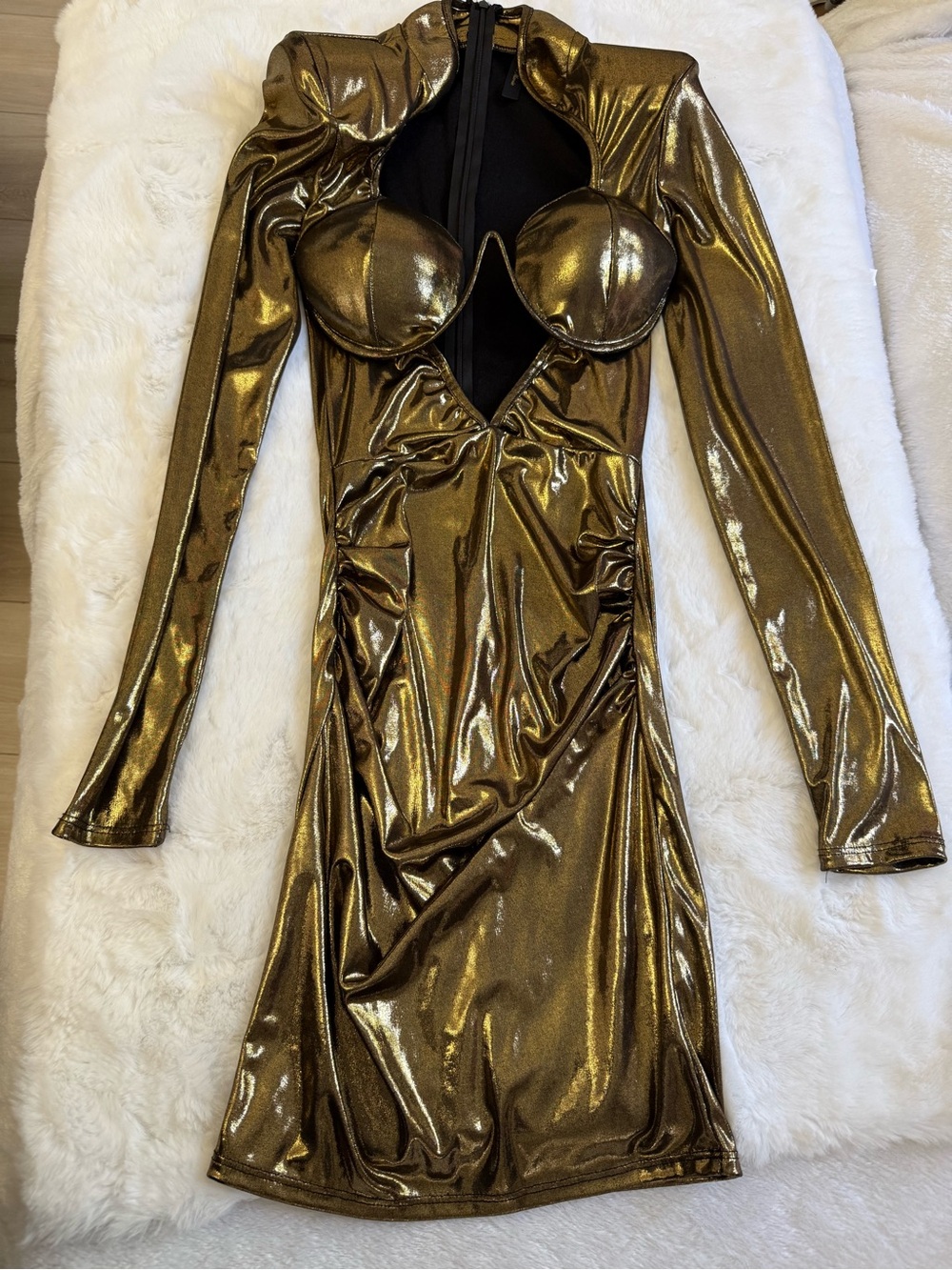 Queen Maria Metallic Gold Cut Out Bodycon Mini Dress Size Small
